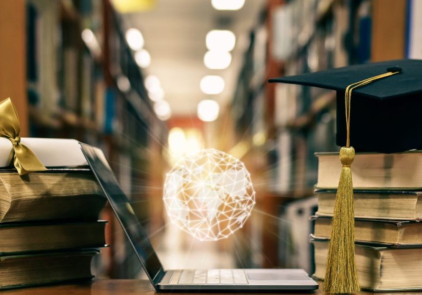 Global education, online study school course, e-learning class, e-book and world educational academic graduation success by digital intenet AI technology with computer notebook in library classroom