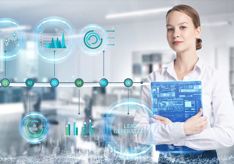 Business, technology, internet and network concept. Young businessman thinks over the steps for successful growth: Lead generation